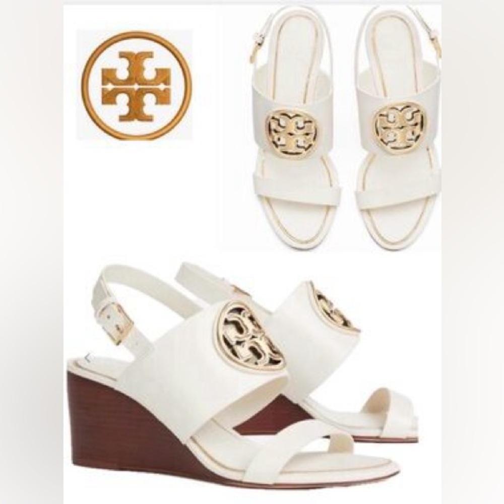 Tory Burch Metal Miller Wedge sandals 2.5” heels white gold logo buckle sz 7